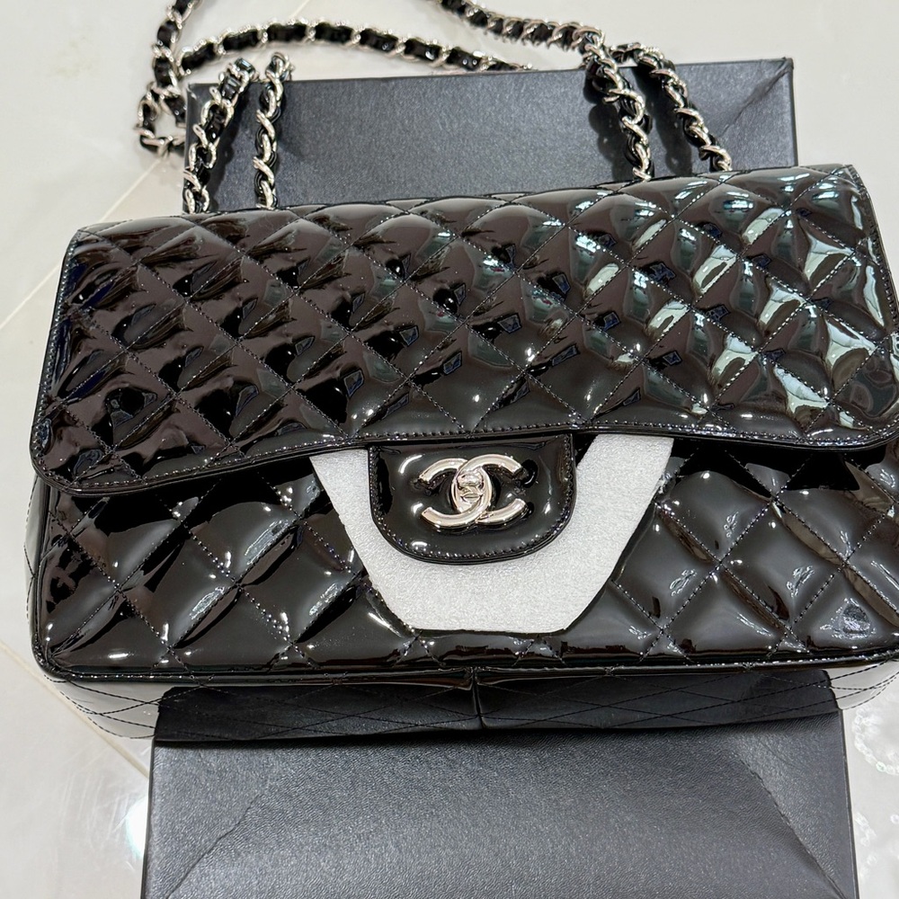 Chanel Black PATENT LEATHER Quilted Shoulder Bag with Silver Chain